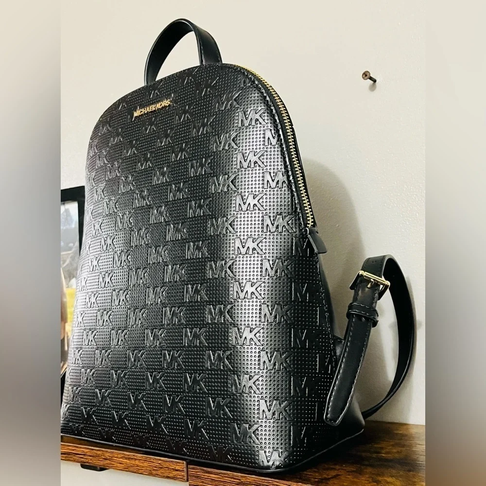 Michael Kors Cindy Large Backpack Black Perforated Leather MK Logo NWT - Picture 3 of 5